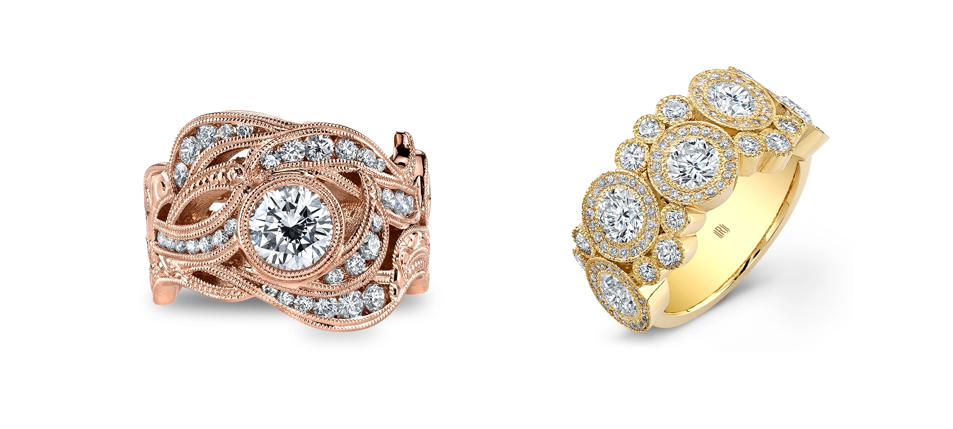 Yellow gold diamond ring and rose gold diamond ring